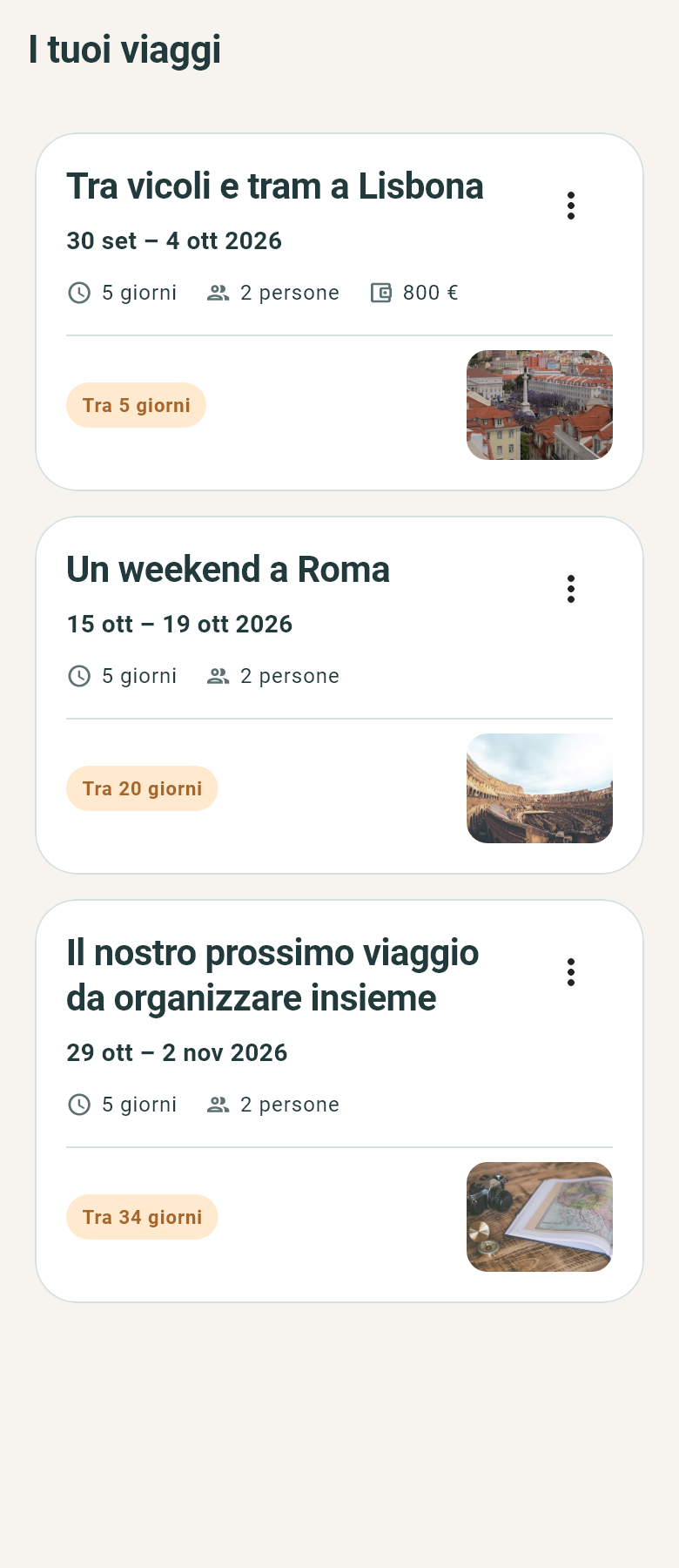 Schermata dimostrativa di Holidami: viaggi a Lisbona e Roma, con date, partecipanti e budget.